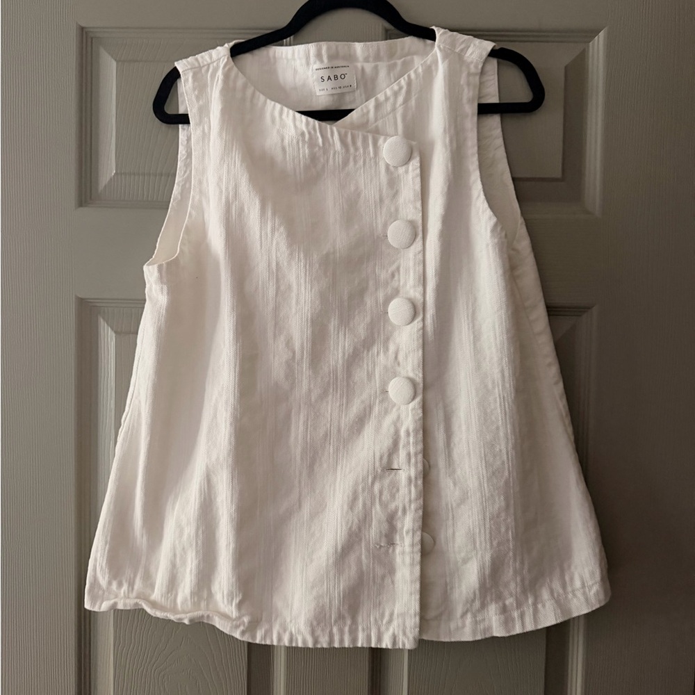 Sabo White Sleeveless Button-Front Linen Blend Tank